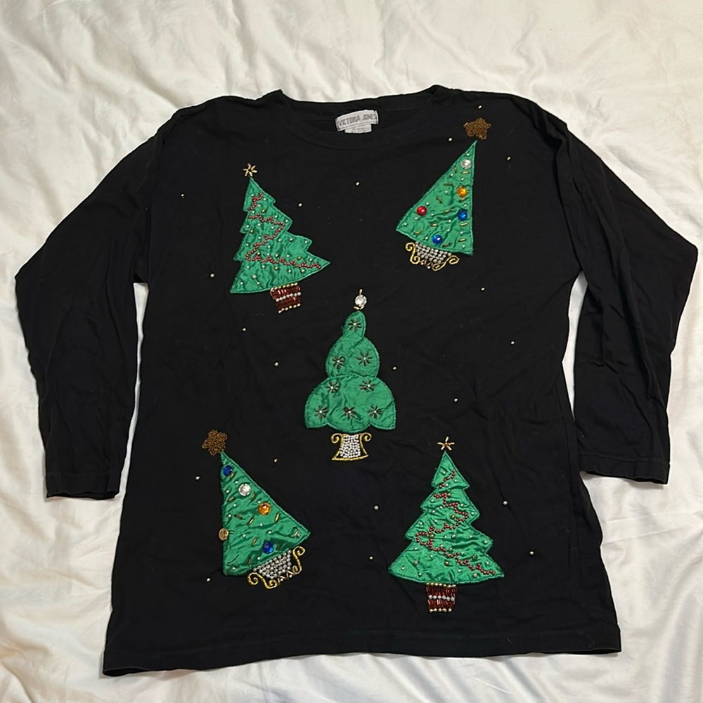 M. vintage Victoria Jones ugly Christmas top beaded Christmas trees